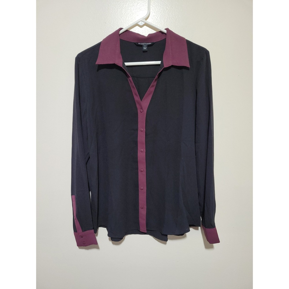 41 Hawthorn Button Down Blouse Women Large Black Burgundy Colorblock